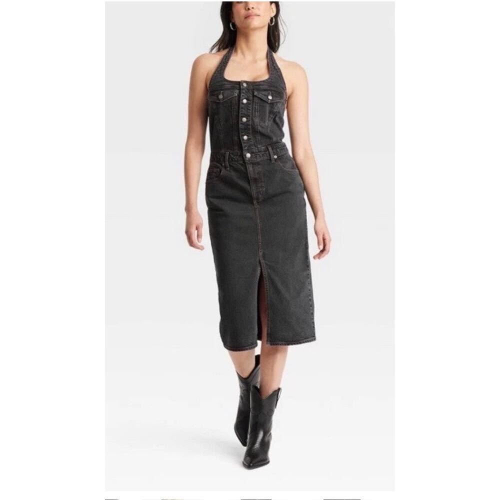 Universal Thread Denim Halter Midi Dress Sz 4 Overalls Boho Festival Western NWT
